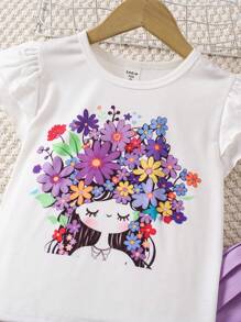 SHEIN 2 Stücke/Set, Cartoon-Muster Rundhals Kurzarm Top und weit geschnittene Plissee-Hose für Kleine Mädchen, lässiger Outfit