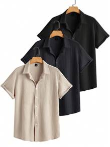 Manfinity Homme Men's Solid Color Short Sleeve Single-Breasted Casual/Office Shirt,3-Piece Set,Khaki Black Navy Blue,Summer Minimalist Fashion Designer Basic Style, Soft And Comfortable, Perfect For Vacation, Streetwear, And Daily Casual Wear, Offering A Relaxed Fit, Ideal For Couples' Gatherings, A Thoughtful Gift For Husbands, Boyfriends, Girlfriends, Or Dads, Suitable For Outdoor Travel, Great For Wedding Parties, An INS Versatile Piece, A Must-Have For Spring And Summer Gatherings, Blending A Fashion Style Of Maturity, Steadiness, And Wisdom, Especially Suitable For Middle-Aged And Young Successful Individuals.