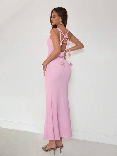 Roylia Elegant mode för kvinnor med fast fyrkantig halsringning Ruched 3D-blommig rygglös slipklänning