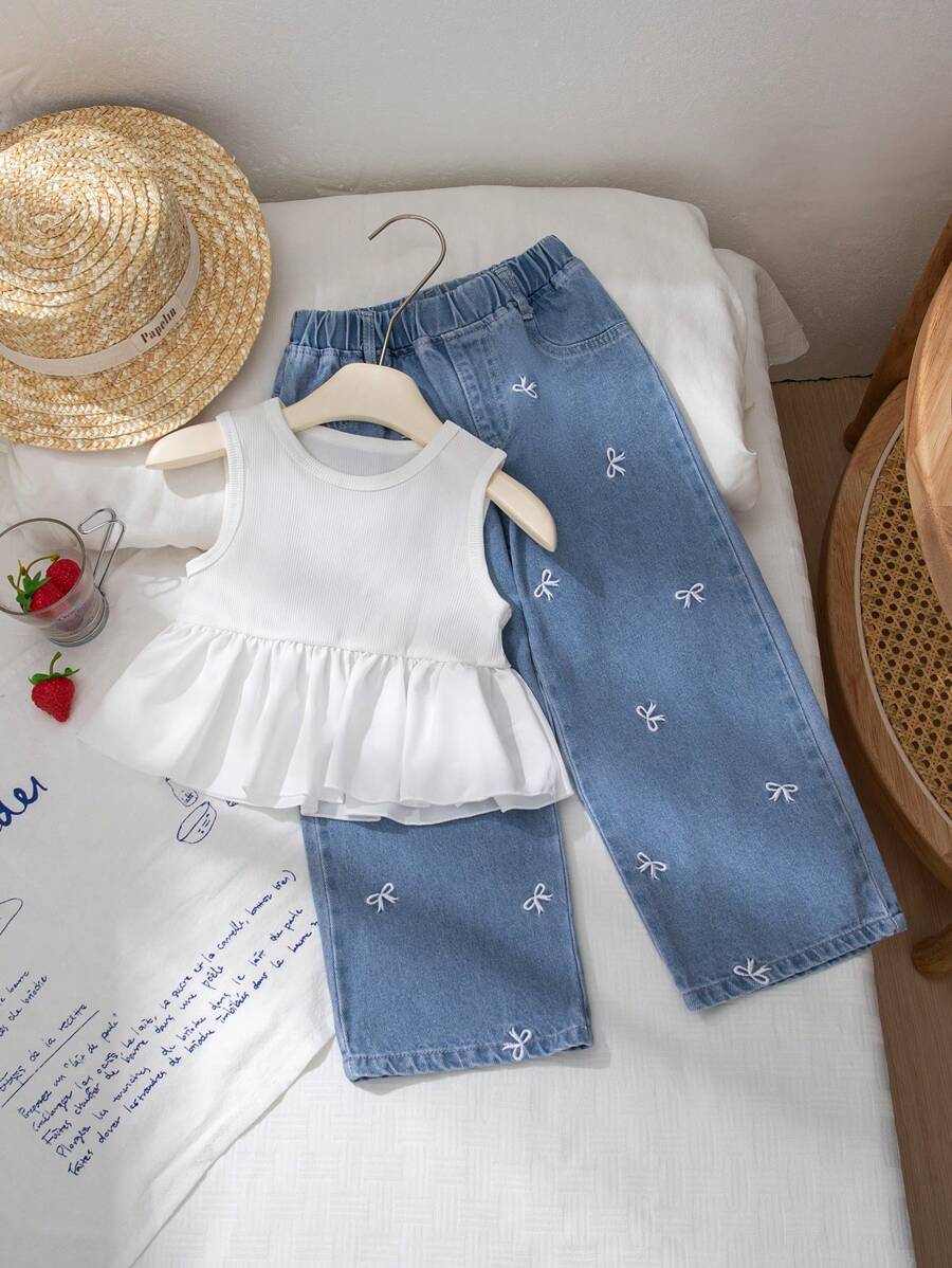 Genkimix Kids 女童罗纹布吊带背心 + 宽松长牛仔裤套装，韩版可爱拼接无袖衬衫，蝴蝶结刺绣，适合小女孩，夏季 - 白色 - 查看 1