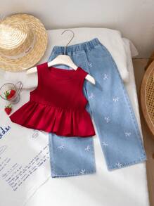 Genkimix Kids 小女孩幼儿夏季罗纹背心韩版可爱拼接无袖衬衫蝴蝶刺绣和宽松直筒牛仔裤两件套 - 酒紅色 - 查看 1