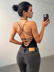 SHEIN Essnce 素色露背繫帶吊帶連體衣