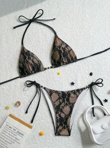 SHEIN Swim Women 2025 New Lace Triangle Bikini Set & Swim Shorts, Beach Holiday Casual Summer Swimwear - Black - View 1