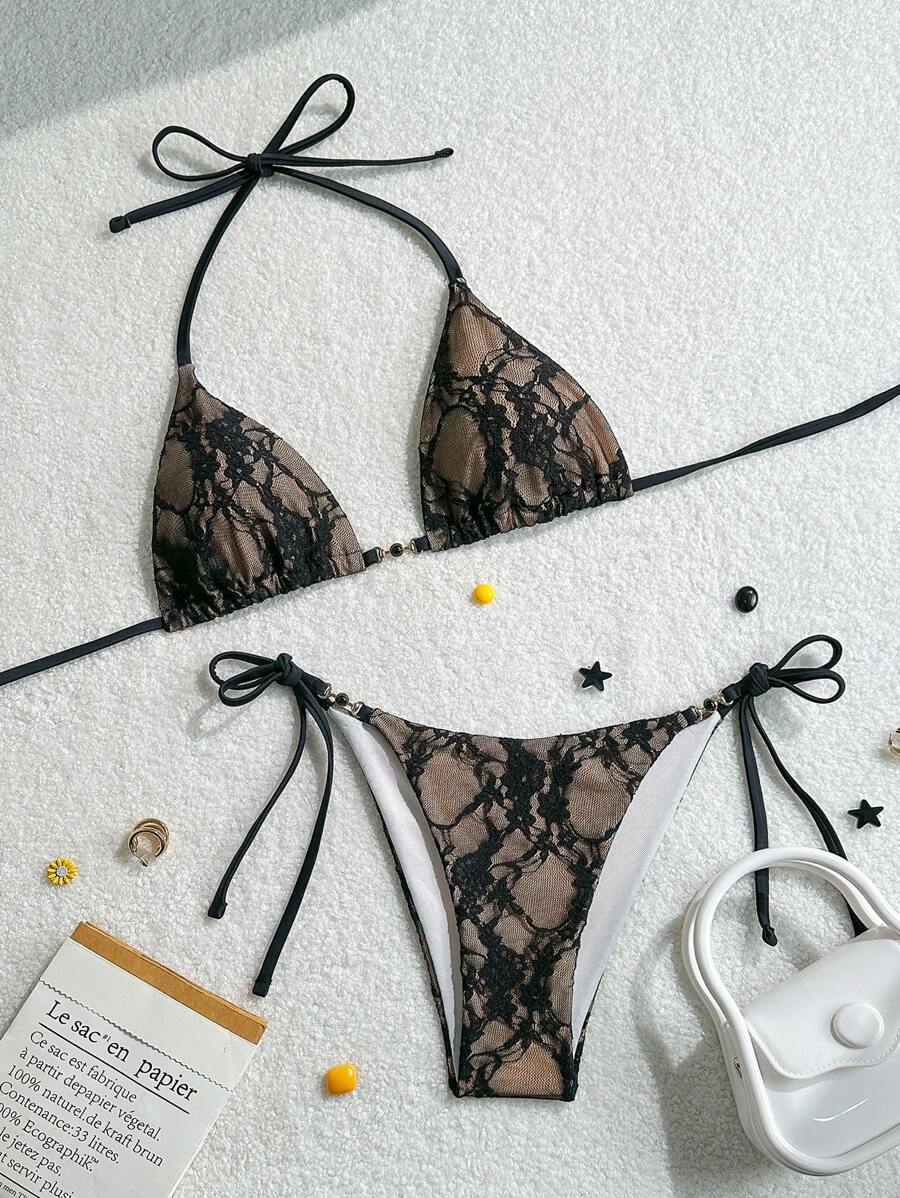 SHEIN Swim Women 2025 New Lace Triangle Bikini Set & Swim Shorts, Beach Holiday Casual Summer Swimwear - Black - View 1