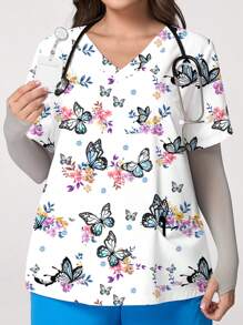 PopScrub Atasan Seragam Kerja Perawat/Dokter Wanita Ukuran Besar Motif Bunga Kupu-kupu Putih Leher V Lengan Pendek, Pakaian Kerja Laboratorium/Sekolah dengan Banyak Kantong Fungsional - Putih - View 1