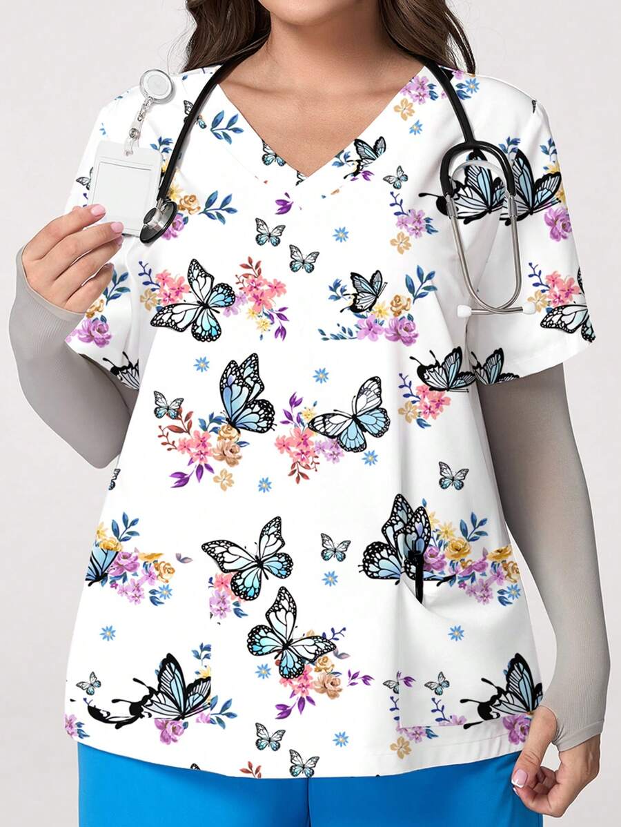 PopScrub Atasan Seragam Kerja Perawat/Dokter Wanita Ukuran Besar Motif Bunga Kupu-kupu Putih Leher V Lengan Pendek, Pakaian Kerja Laboratorium/Sekolah dengan Banyak Kantong Fungsional - Putih - View 1