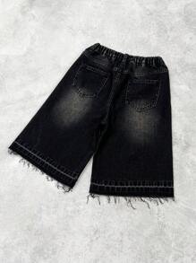 SHEIN 男童时尚休闲 Y2k 白色交叉设计黑色宽松七分牛仔短裤，柔软舒适，适合日常穿着，也适合儿童春夏穿着。 - 黑色 - 查看 2