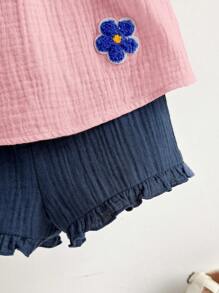 Cozy Pixies 2pcs/Set Toddler Girls Floral Embroidery Collar Bubble Sleeve Top And Elastic Waist Pants