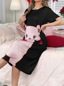 女士可爱卡通熊和心形印花睡袍，Moo Moo - 黑色 - 查看 5