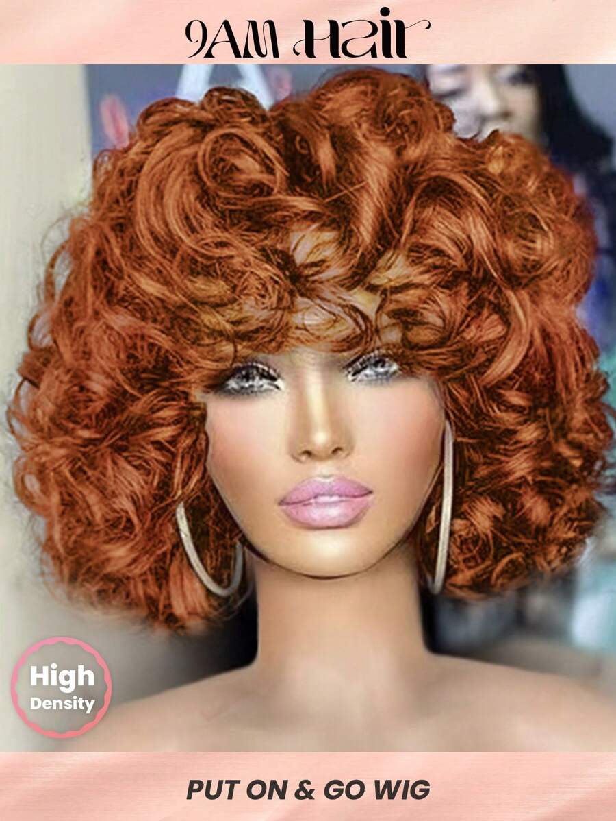 Density Pro Vibrant Ginger Orange 100% Human Hair Wig Binch 6 Inch Length 200% Ultra Density Big Bouncy Curls With Bangs For Sun-Kissed Glamour Effortless Wear & Beginner Friendly Design Fluffy Voluminous Curls Enhance Warm Skin Tones - 9AM Hair Sport Vacation Travel Festival Prom Outdoor Cosplay Campus School Beach - S350 - View 1
