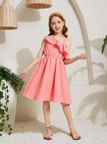 SHEIN Vestido de niña preadolescente de tela texturizada con cuello de volantes asimétricos, cinturón