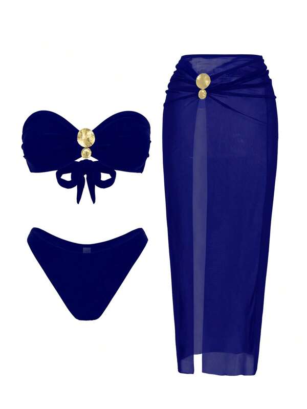 Swim Oasis 3 pièces/Set Nouveaux bikinis bandeaux en métal de couleur unie avec jupe en maille extra longue pour le printemps. Maillot de bain élégant et sexy pour femmes adultes pour la plage et les fêtes