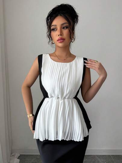 Elenzga Women's Elegant Waist Design Black And White Round Neck Patchwork Sleeveless Chiffon Blouse, Summer Peplum Top