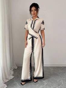 Chiquease Nuovi pantaloni casual da donna, con colletto, allacciatura incrociata, vita elastica, stampa, con gamba ampia