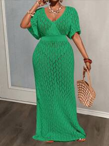 Slaydiva New Spring/Summer Versatile All-Match Casual Crochet Solid Ruffle Hem Waist Fitted A-Line Long Dress - A - Green - View 2