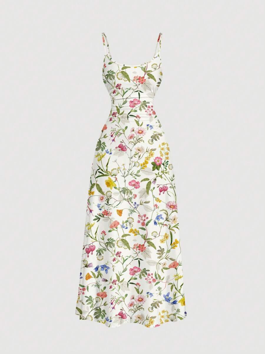 SHEIN MOD Women's Elegant Long Knitted Dress With Floral Print, Spaghetti Strap, Sleeveless, And Ruched Detail Boho Suitable For Going Out Chic Dress - Multicolor - View 1