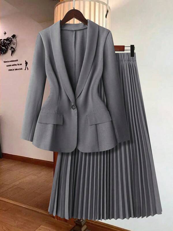 SHEIN Clasi Plus Size Women Solid Long Sleeve Jacket And Midi Skirt Set Graduation,Back To School,Teacher Outfits For Women