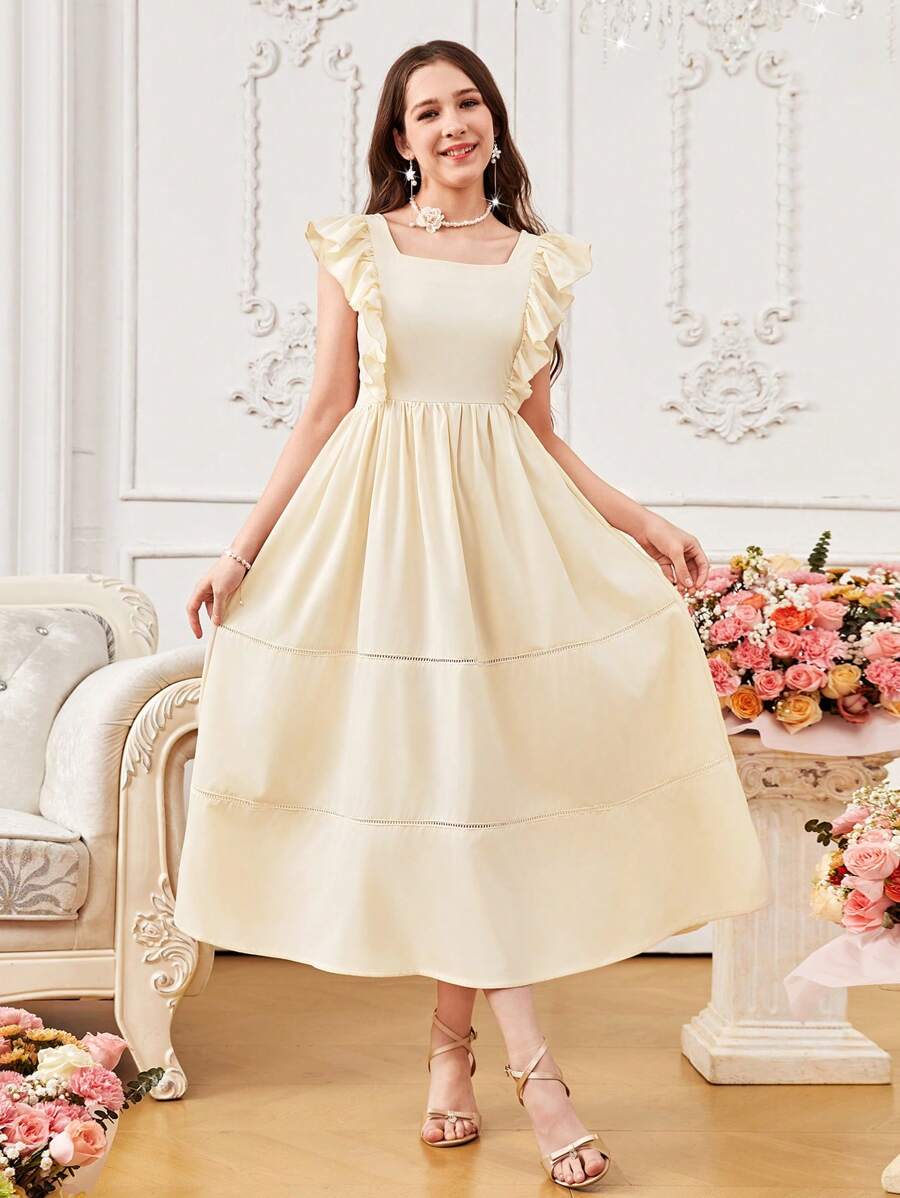 优雅度假风格荷叶边领中长连衣裙，适合少女、通勤装、度假装、夏季装、旅行装