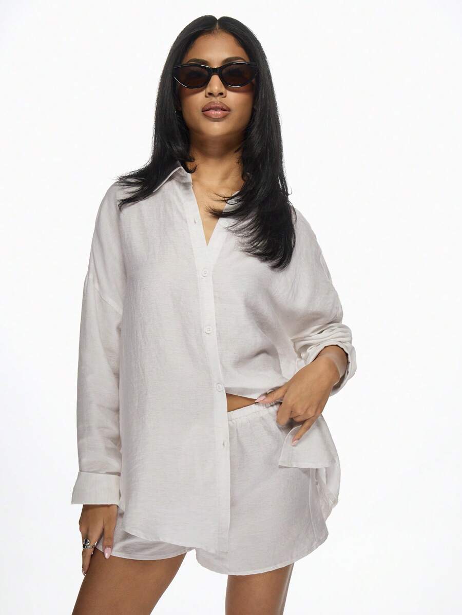 MISSGUIDED Conjunto coordinado de verano de lino con camisa de botones de cuello suelto y pantalones cortos, conjunto de dos piezas para vacaciones en la playa, resort casual y uso en casa