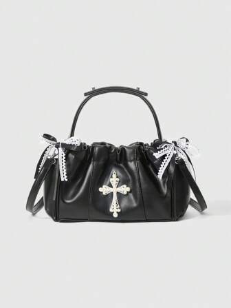 Goth Borsa a tracolla da donna con decorazione a croce con perle finte e cinghia con fiocco fai-da-te