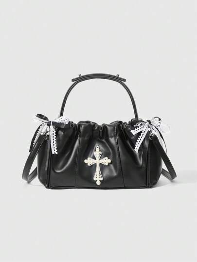 Goth Women's Shoulder Bag With Faux Pearl Cross Decor And DIY Bowknot Strap