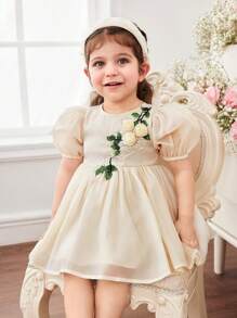 Vestido corto de manga corta con estampado floral de organza color albaricoque, elegante y lindo para bebé niña en verano