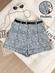 Franclia Women Floral Jacquard Pleated High Waist A-Line Casual Shorts - Multicolor - View 2