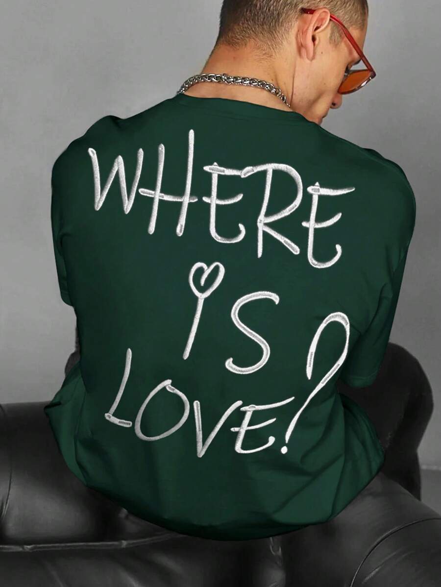 Manfinity Hypemode Men's Casual Slogan Embroidered Short Sleeve T-Shirt, Spring/Summer - Dark Green - View 1