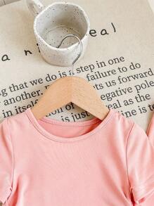 SHEIN Baby Girl Cute Casual Knit Pink Short Sleeve Top And Flare Long Pants 2 Pieces Set - Pink - View 4