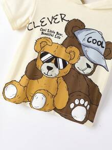 SHEIN 2pcs/Set Young Boy Bear Print Hooded Short Sleeve Shorts Outfit