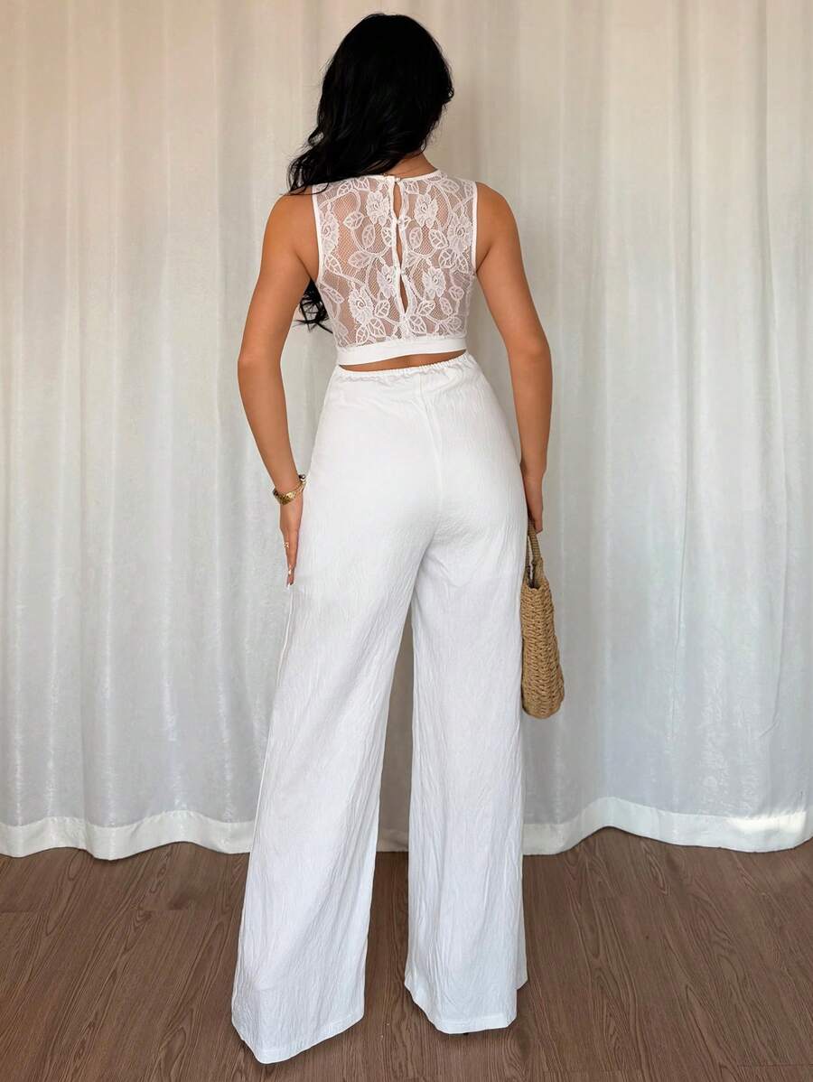 Islaluna Mono de mujer con contraste de encaje, sin mangas y de piernas anchas - Blanco - Ver 1