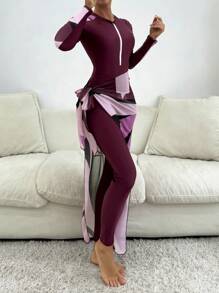Swim Mulvari 3-Piece Random Print Women One-Piece Swimsuit With Round Neck, Long Sleeve, Shoulder Shirring, Zipper Front Design Top, High Waisted Swim Shorts With Drawstring, And Beach Dress, Modest Vacation Burkini Set