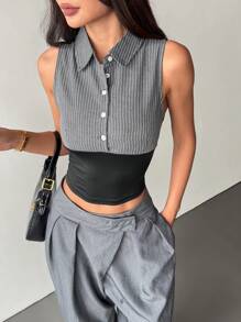 SHEIN Essnce Áo sơ mi kẻ sọc cổ bẻ cài nút phía trước cho nữ - Nhiều màu - Xem 4