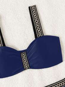 Swim Lushoire Vacation Beach Woven Band Splicing Bikini Swimsuit For Summer - Navy Blue - View 4
