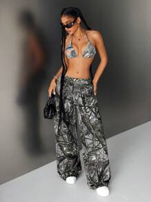 SHEIN ICON Women's Loose Fit Branch Printed Wide Leg Casual Denim Pants - Green - View 3