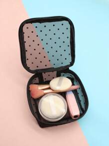 Bolsa de maquillaje portátil, 1 bolsa de maquillaje con patrón de lunares para la vida diaria - Negro - Ver 3