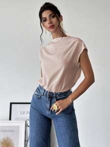 Firerie Women's Elegant Asymmetric Collar Fold Shoulder Fitted Blouse, Simple Office