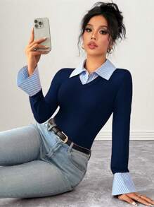 Rafferiza 女士优雅通勤条纹翻领喇叭长袖针织T恤，秋冬春季 - 彩色 - 查看 6