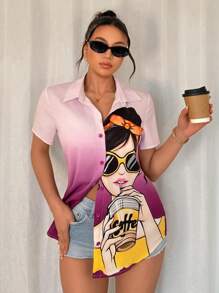 Elenzga Women's Cartoon Character Print Short Sleeve Single Breasted Casual Shirt - Multicolor - View 3
