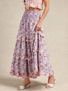 WESTFADE Spring Mixed Ditsy Floral Prints Smocked Waist Lace Crochet Trim Ruffle Tiered Maxi Skirt Summer Beach Vacation - Multicolor - View 4