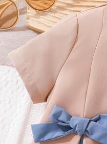 SHEIN LMoss Kids Kleine Mädchen LMoss Lässig Sommer Farbblock bedrucktes Schleifchen Rundhalskurzarm Kleid, ideal für Lässig & Alltagsmode