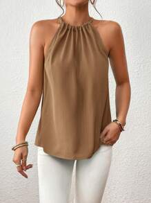 Firerie Summer Casual Solid Color Tie Neck Shirt - Coffee Brown - View 5