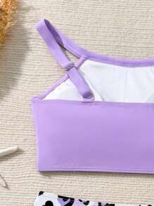 SHEIN 青少年女孩时尚休闲心形和豹纹印花比基尼泳装套装