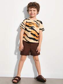 SHEIN Young Boys Tiger Print Short Sleeve T-Shirt And Cuffed Shorts Set, Summer - Multicolor - View 3