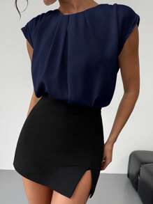 Firerie Áo sơ mi nữ thanh lịch cổ bẻ tay ngắn xếp ly màu trơn, kiểu dáng suông, màu trắng, dành cho nữ, kiểu dáng duyên dáng, tay ngắn xếp ly cổ bẻ, dáng regular fit, bộ sưu tập xuân/hè mới. - Màu xanh hải quân - Xem 2