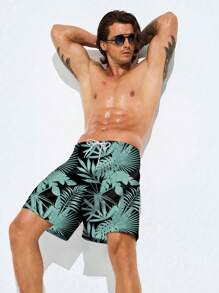 Manfinity Men's Drawstring Waist Tropical Plant Print Pocket Beach Shorts - Multicolor - View 3