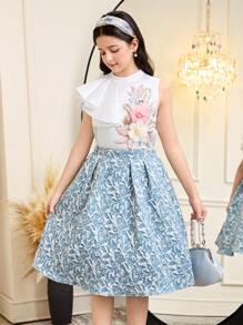 青春期女孩优雅两件套：不对称荷叶边袖子领衬衫和裙子 - 藍色 - 查看 4