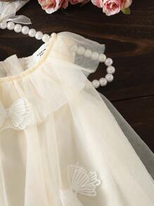 SHEIN 女婴春夏秋季米色网眼蝴蝶结装饰连衣裙，优质轻质面料，时尚优雅设计，适合休闲场合