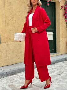 SHEIN Clasi Áo khoác dài cổ bẻ cài hai hàng khuy thời trang thường ngày cho nữ - Đỏ - Xem 3