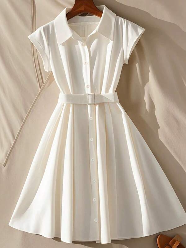 Franclia Summer Turndown Collar Short Sleeve Casual Cinched Waist Midi Dress For Women